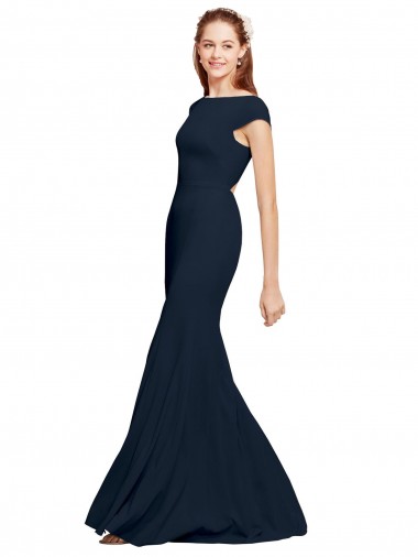 Affordable Stretch Crepe Dark Navy A-Line Boat Neck Long Sexy Evening Dress UK