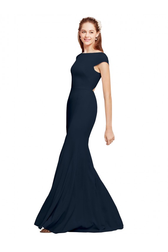 Affordable Stretch Crepe Dark Navy A-Line Boat Neck Long Sexy Evening Dress UK