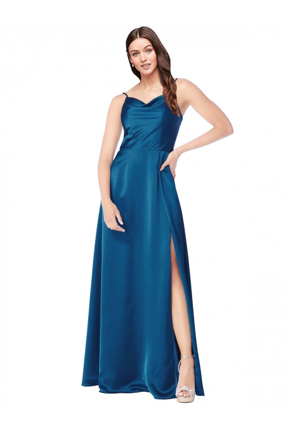 Affordable Silky Satin Peacock Blue A-Line Spaghetti Straps Long Evening Dress UK