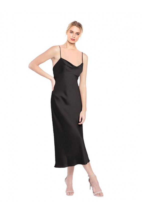 Affordable Stretch Satin Black A-Line Spaghetti Straps Midi Length Evening Dress UK