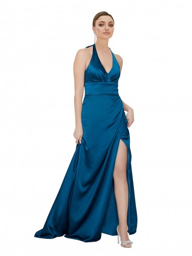 Affordable Silky Satin Peacock Blue A-Line Halter Neck Long Evening Dress UK