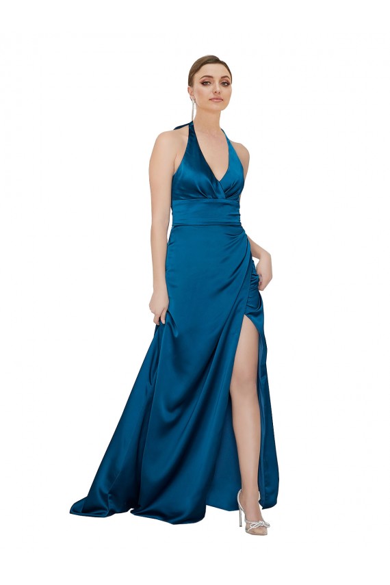 Affordable Silky Satin Peacock Blue A-Line Halter Neck Long Evening Dress UK