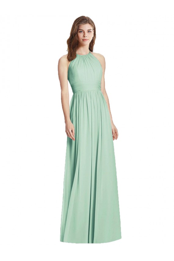 Affordable Soft Chiffon Mint Green A-Line Halter Neck Long Maxi Evening Dress UK
