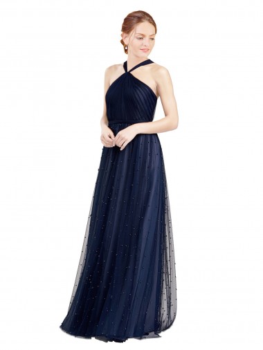 Affordable Tulle Navy Blue A-Line Halter Neck Long Semi Formal Evening Dress UK