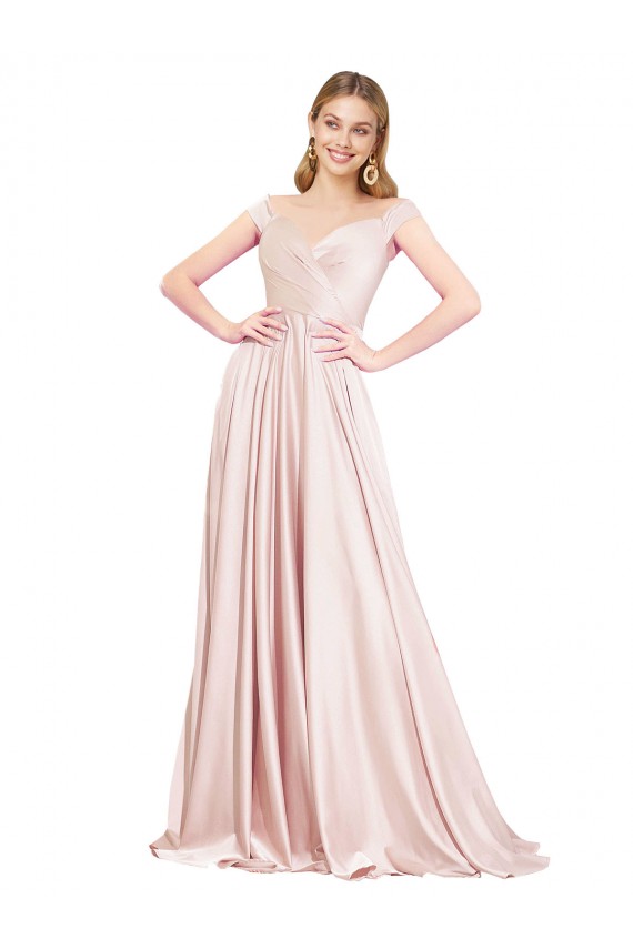 Affordable Satin Pink A-Line Off the Shoulder Long Evening Dresses UK