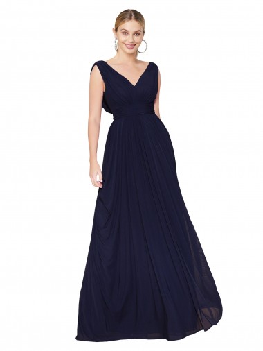 Affordable Soft Chiffon Dark Navy A-Line V-Neck Long Wedding Guest Dress UK