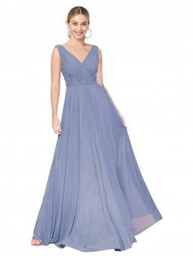 Affordable Soft Chiffon Dusty Blue A-Line V-Neck Long Wedding Guest Dress UK