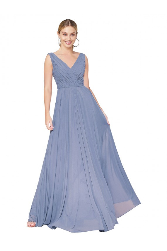 Affordable Soft Chiffon Dusty Blue A-Line V-Neck Long Wedding Guest Dress UK
