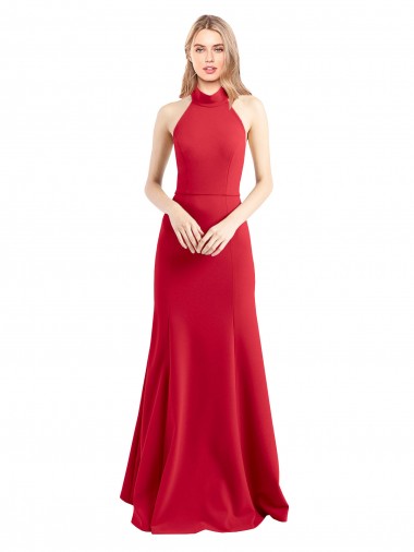 Affordable Stretch Crepe Red A-Line Halter Neck Long Evening Dress UK