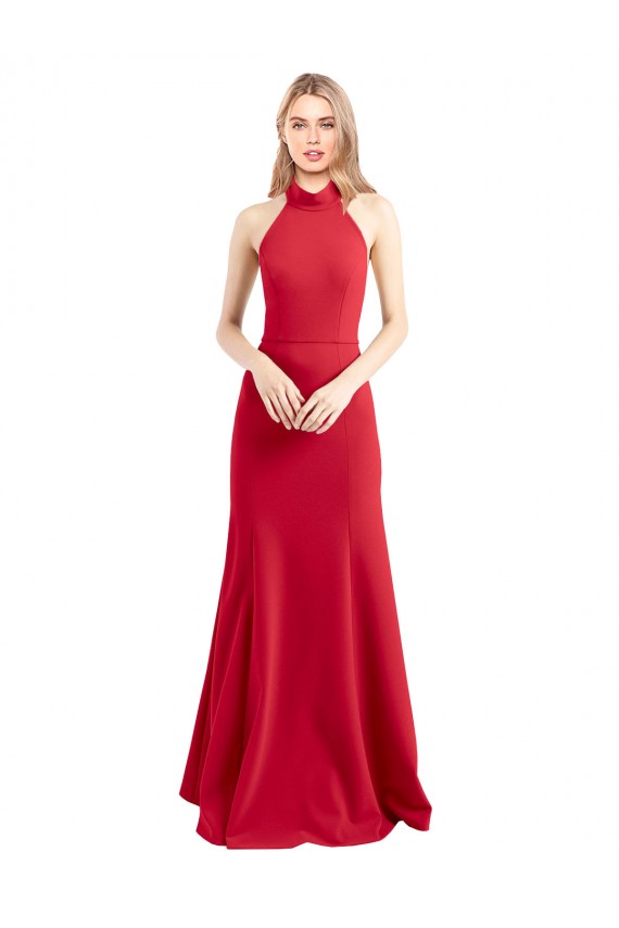 Affordable Stretch Crepe Red A-Line Halter Neck Long Evening Dress UK
