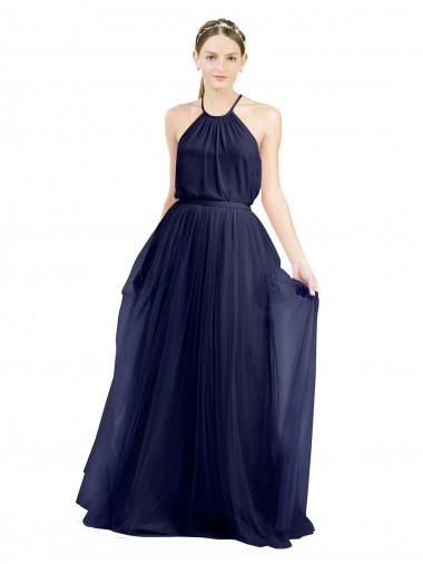Affordable Tulle Navy Blue A-Line Halter Neck Long Semi Formal Bridal Party Dress UK