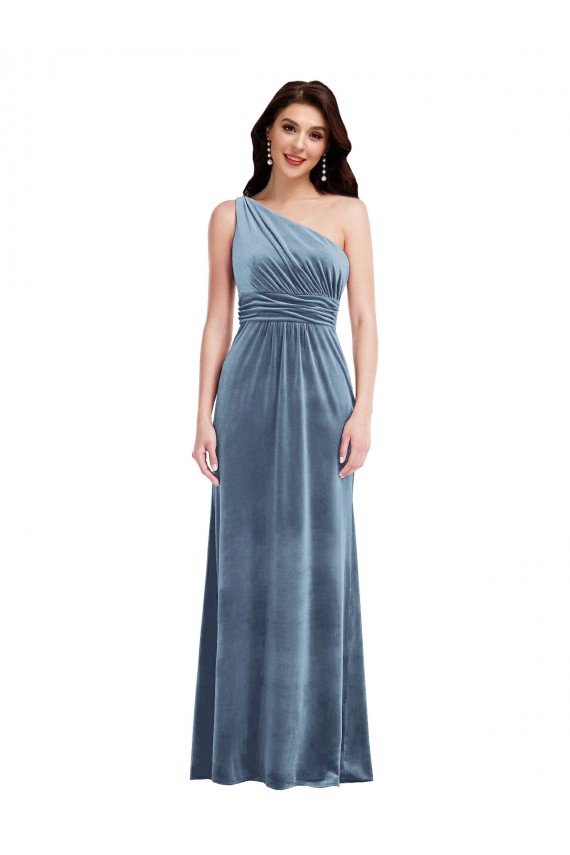 Affordable Stretch Velvet Dusty Blue A-Line Off the Shoulder Long Maxi Wedding Party Dress UK