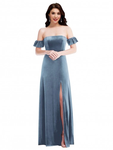 Affordable Stretch Velvet Dusty Blue A-Line Off the Shoulder Long Semi Formal Evening Dress UK