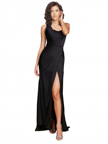Affordable Silky Satin Black A-Line One Shoulder Long Sleeveless Sexy Evening Dress UK