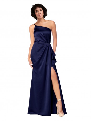 Affordable Silky Satin Sapphire A-Line One Shoulder Long Evening Dress UK