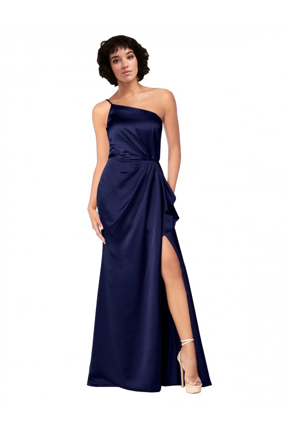 Affordable Silky Satin Sapphire A-Line One Shoulder Long Evening Dress UK
