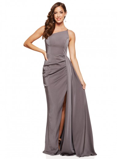 Affordable Silky Satin Slate Grey A-Line One Shoulder Long Evening Dress UK