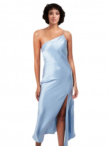 Affordable Silky Satin Light Sky Blue A-Line One Shoulder Midi Length Evening Dress UK