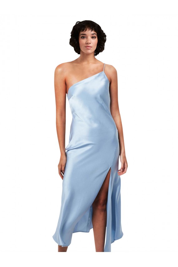 Affordable Silky Satin Light Sky Blue A-Line One Shoulder Midi Length Evening Dress UK