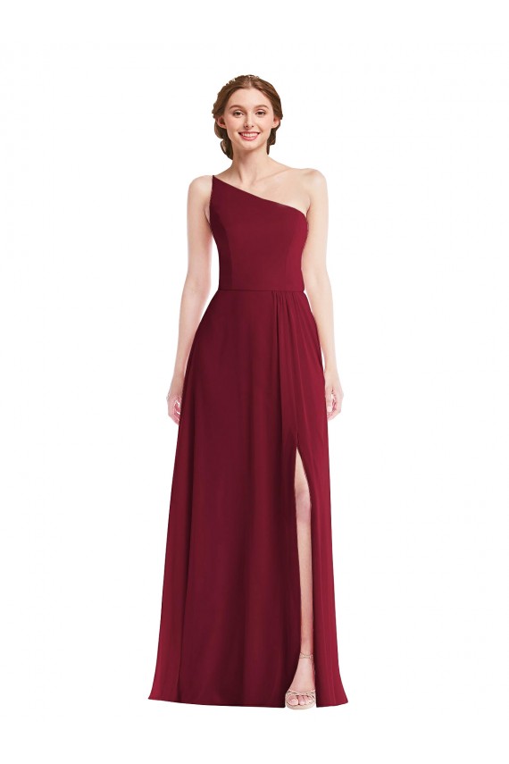 Affordable Soft Chiffon Burgundy A-Line One Shoulder Long Maxi Wedding Party Dress UK
