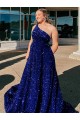 Affordable Velvet Sequin Royal Blue A-Line One Shoulder Sweep Train Evening Dress UK