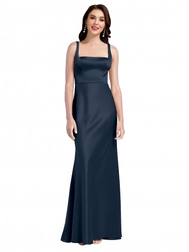 Affordable Stretch Satin Dark Navy A-Line Square Neck Long Bridal Party Dress UK