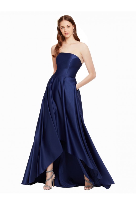 Affordable Satin Dark Navy A-Line Strapless Long Evening Dresses UK
