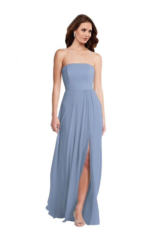 Affordable Soft Chiffon Dusty Blue A-Line Strapless Long Maxi Wedding Party Dress UK