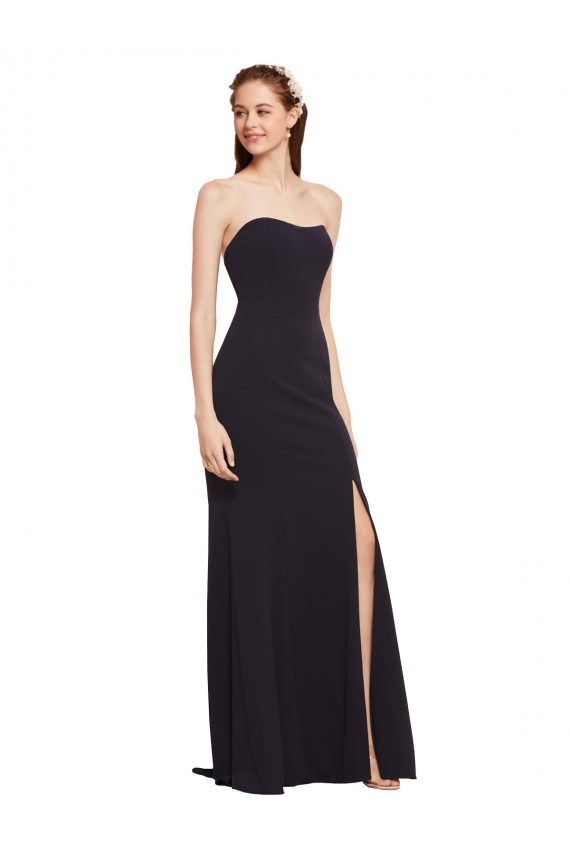 Affordable Stretch Crepe Dark Navy A-Line Strapless Long Bridal Party Dress UK