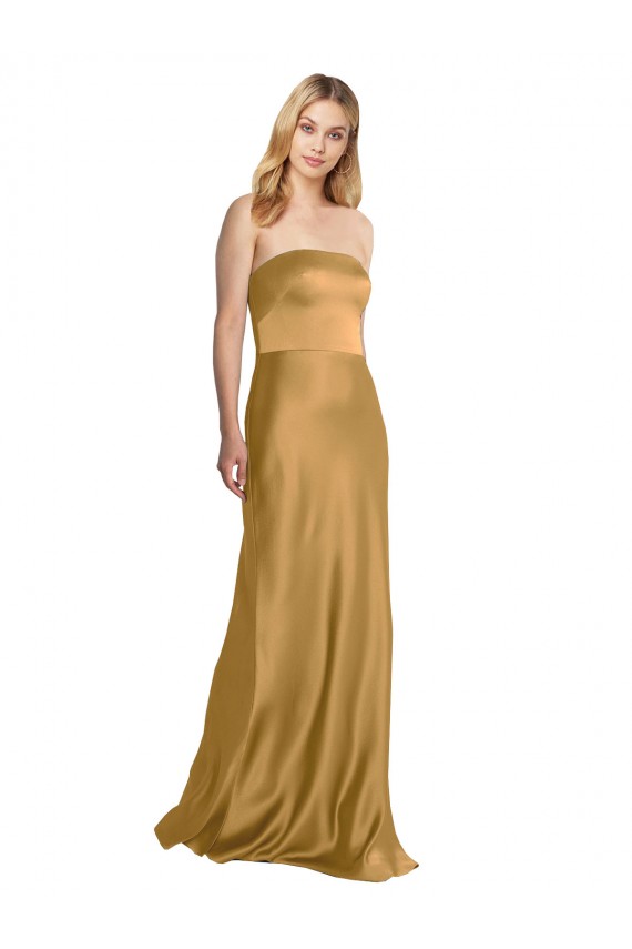 Affordable Stretch Satin Gold A-Line Strapless Long Wedding Party Dress UK