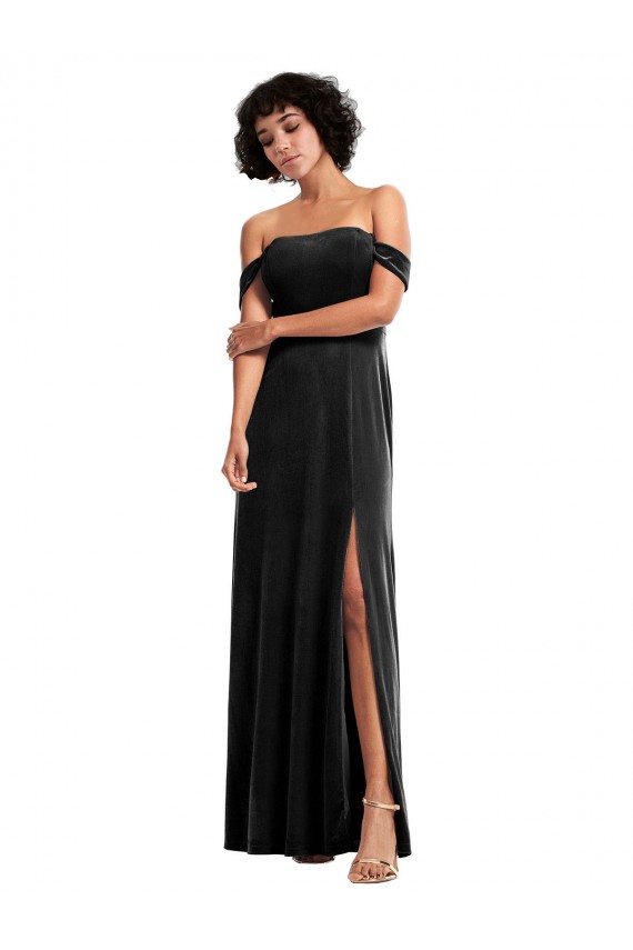 Affordable Stretch Velvet Black A-Line Off the Shoulder Long Sleeveless Evening Dress UK