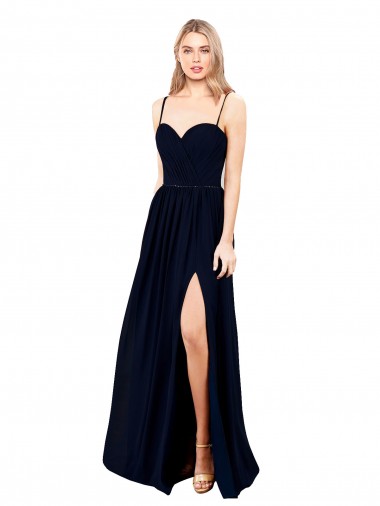 Affordable Soft Chiffon Dark Navy A-Line Spaghetti Straps Long Evening Dress UK