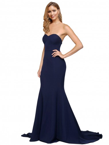 Affordable Stretch Crepe Dark Navy A-Line Sweetheart Sweep Train Wedding Party Dress UK
