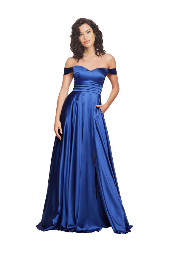 Affordable Stretch Satin Royal Blue A-Line Off the Shoulder Sweep Train Evening Dress UK