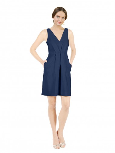 Affordable Satin Dark Navy A-Line V-Neck Knee Length Evening Dress UK
