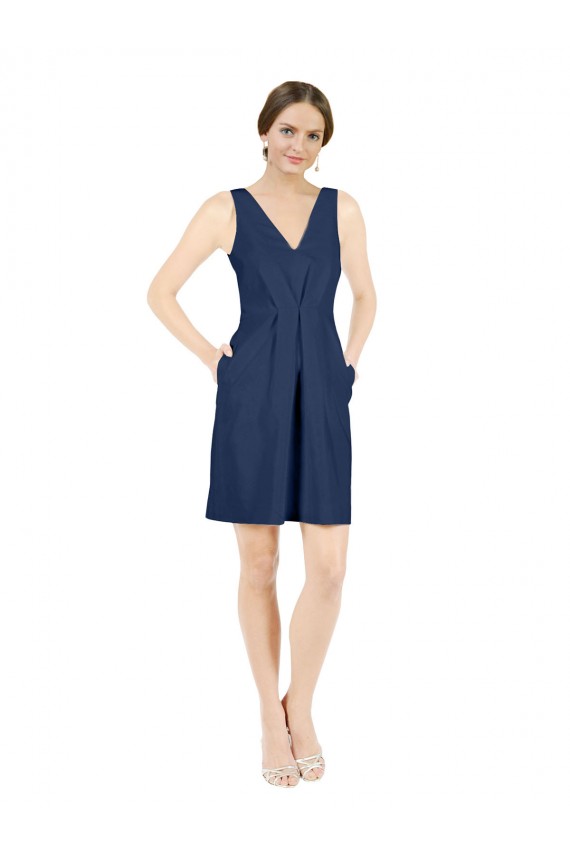 Affordable Satin Dark Navy A-Line V-Neck Knee Length Evening Dress UK
