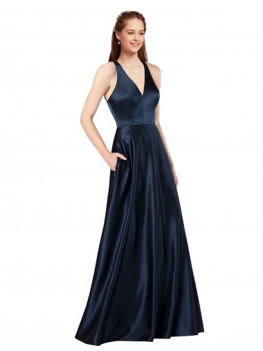 Affordable Luxe Satin Dark Navy A-Line V-Neck Long Sleeveless Evening Dress UK