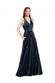 Affordable Luxe Satin Dark Navy A-Line V-Neck Long Sleeveless Evening Dress UK