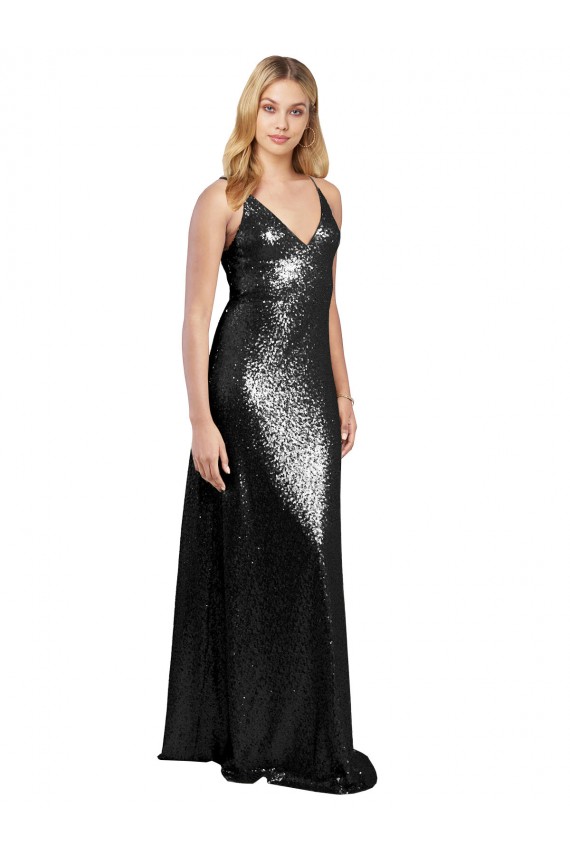 Affordable Sequin Black A-Line Spaghetti Straps Long Sexy Evening Dress UK