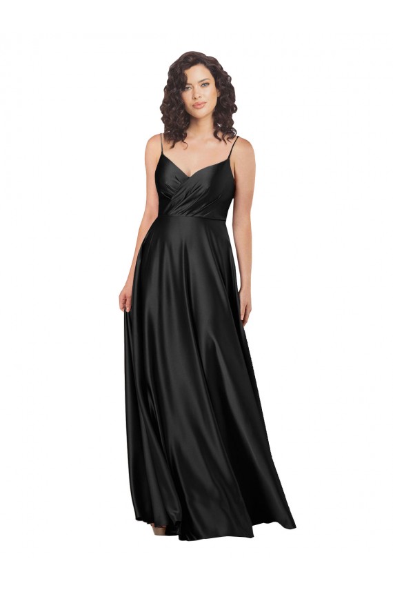 Affordable Silky Satin Black A-Line V-Neck Long Sleeveless Wedding Party Dress UK
