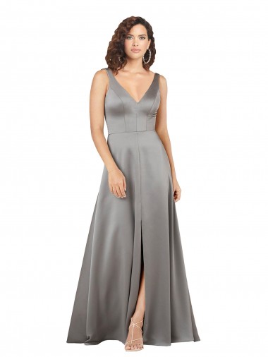 Affordable Silky Satin Pearl Grey A-Line V-Neck Long Evening Dress UK