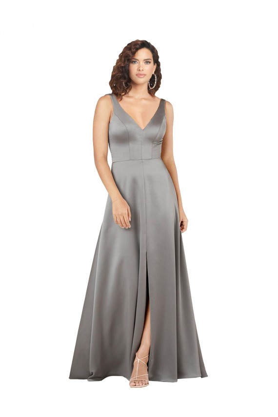 Affordable Silky Satin Pearl Grey A-Line V-Neck Long Evening Dress UK