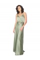 Affordable Silky Satin Smoke Green A-Line V-Neck Long Evening Dress UK