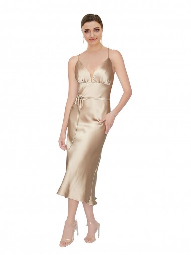 Affordable Silky Satin A-Line V-Neck Midi Length Evening Dress UK