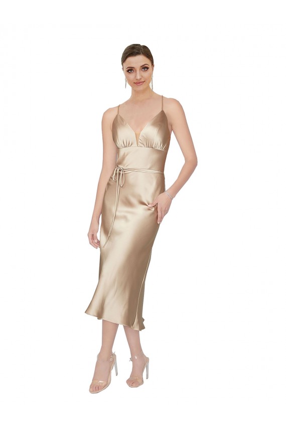 Affordable Silky Satin A-Line V-Neck Midi Length Evening Dress UK