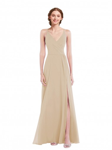 Affordable Soft Chiffon Champagne A-Line V-Neck Long Maxi Evening Dress UK