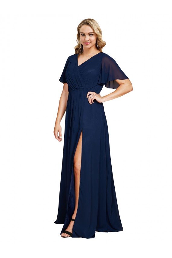 Affordable Soft Chiffon Dark Navy A-Line V-Neck Long Plus Size Evening Dress UK