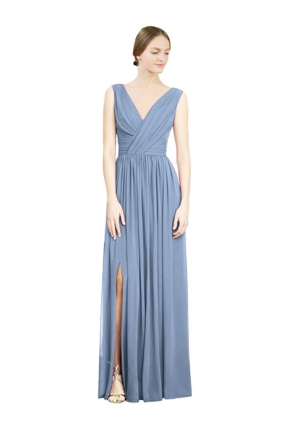 Affordable Soft Chiffon Dusty Blue A-Line V-Neck Long Maxi Evening Dress UK