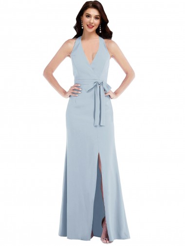 Affordable Stretch Crepe Light Sky Blue A-Line Halter Neck Long Maxi Evening Dress UK