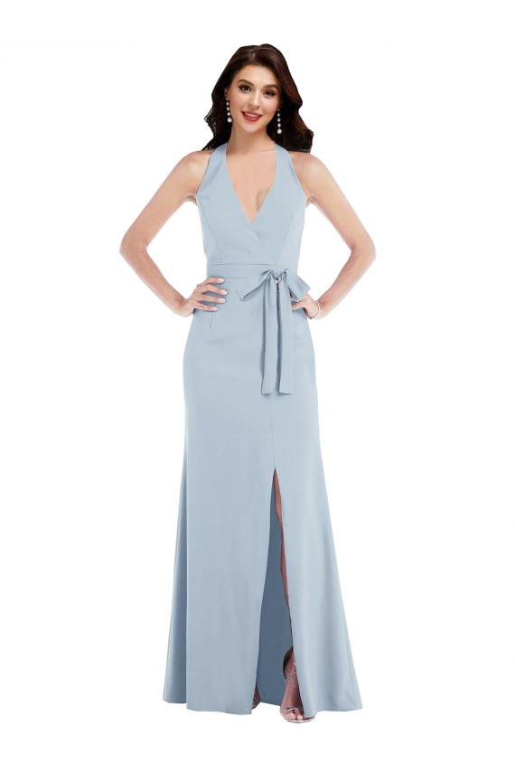 Affordable Stretch Crepe Light Sky Blue A-Line Halter Neck Long Maxi Evening Dress UK